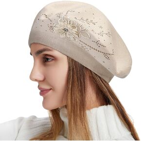 Flower Embroidery Beret Hat for Women, French Style Knitted Beret Hats, Stylish Solid Color Beret Cap for Women Girls Lady