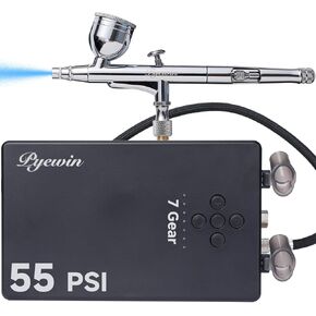 55PSI Airbrush Kit with Air Compressor, 7-Gear, Low-Noise, Dual-Action Air Brush Gun for Nails, Cake Decorating, Barber, Makeup & Crafts