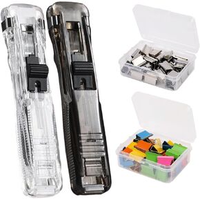 2 Pcs Portable Reusable Paper Clam Clip Dispenser Refill Clips (White and Black) 100 Metal Refill Clips (50 Silver + 50 Color) Mini Push Stapler Clamp Stapler for Home School Desk Office