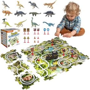 Puzzle Track Car Play Set with 12 Dinosaur Figure Toys, 39PCS Puzzle Racer Kids Car Track Set with Vehicles Children Education Slot Rail Car Combo Gifts for 3 4 5 6 Year Old