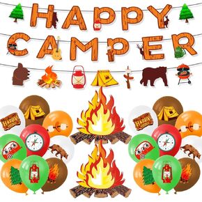 Camping Themed Party Decorations, Happy Camping Banner and 3D Bonfire with Camping Theme Latex Balloon for Teenagers Adventurer Hiking Camping Party Decoration