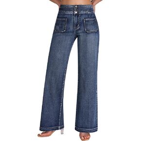 roswear Women’s High Waisted Wide Leg Jeans Stretchy Boyfriend Jeans Loose Fit Denim Pants with Patch Pockets
