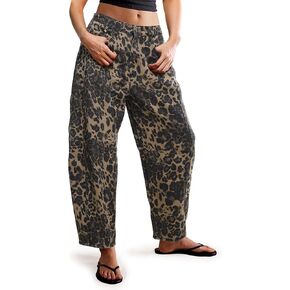 Women's Barrel Boyfriend Baggy Leopard Print Jeans Mid Rise Cropped Wide Leg Y2K Horseshoe Jeans for Women Trendy