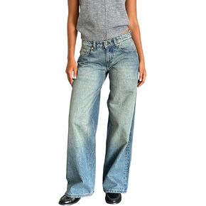 Women Low Rise Baggy Jeans Y2k Straight Wide Leg Boyfriend Viange Casual Denim Pants with Pockets