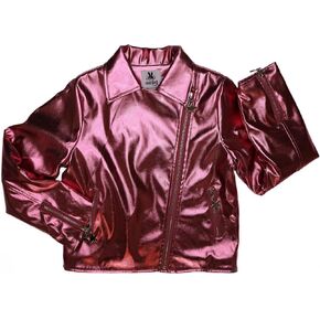 Rebelde Planet – Girls Metallic Jacket, Pink Faux Leather Biker Jacket with Black Sequin Star Patch, Side Pockets - Metallic Zipper with Silver Star Slider - Super Soft Tie Dye Fleece for Inner Lining