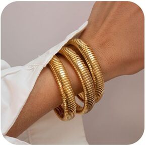 Gold Bangles for Women Set of 3 Gold Chunky Stretch Bangles Bracelets 24K Gold Plated Stainless Steel Bracelets Flexible Wide Gold Stack Bracelets Designer Look Alike Gold Jewelry for Women