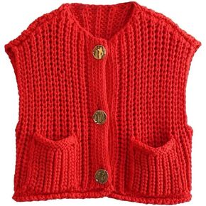 Shiyifa Women's Sleeveless Casual Button Down Vest Chunky Cropped Knitted Crochet Sweater with Pockets