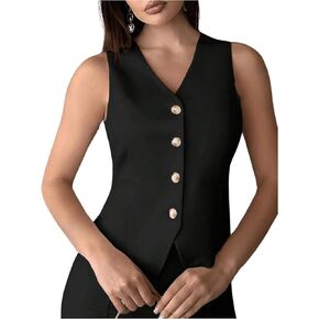 MakeMeChic Women's Vest Tops Trendy V Neck Button Down Sleeveless Suit Jacket Waistcoat Vest