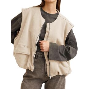 Tankaneo Womens Cargo Zip up Vest Oversized Casual Cotton Sleeveless Jackets Crew Neck Ruched Hem Gilet