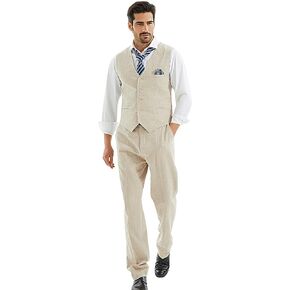 Men’s Linen Suit Slim Fit 2 Piece Lightweight Summer Suits Wedding Vest Pants Set with Pocket Square
