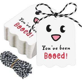 80 Pcs Halloween Tags with String,Happy Halloween Tags for Goodie Bags, Cute Halloween Name Tags Stickers, Boo Bags Halloween Hanging Tags Halloween Wrap Tags, You've Been Booed Gift Tags