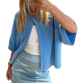 Women Y2k Knitted Crop Cardigan Short Sleeve Button Up Rib Knit Solid Color Cute Sweater Shirt