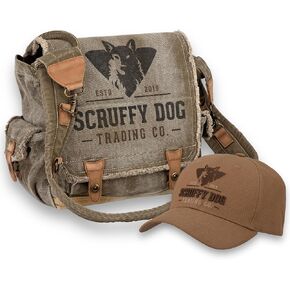SCRUFFY DOG Pack: Vintage Messenger Bag & Premium Baseball Cap Bundle for Men & Women - Durable Canvas Tote, Laptop & Travel Crossbody Satchel, Hat for Hikers and Bikers