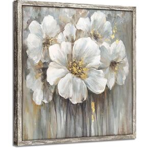 Floral Pictures Wooden Artwork Framed: White Lily Wall Art Botanical with Golden Foil Paintings on Wood Plank for Bedroom (12"W x 12"H, Multi-Sized/Material)