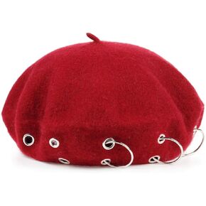 Wool Black Beret Hat - Silver Ring Piercing Rock Beret