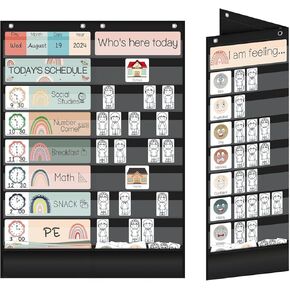 BOHEMIANY 16+2 Pockets Large Daily Schedule Pocket Chart, Classroom Schedule 72 Cards, Sign in Sheets and Feelings Chart, Printed Pocket Calendars for Classroom Home Teacher Student(Black)