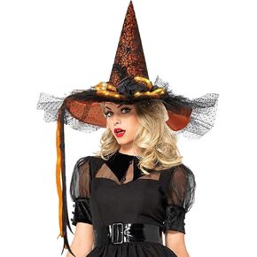 Halloween Women Witch Hat with LED Lights Costume Gauze Feathers Spiders Steeple Top Hats with Lamp Decoration for Festival Carnival Party Black Yellow
