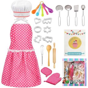 Kids Cooking Baking Set , Kids Kitchen Pretend Play Toys, Kids Chef Role Play Costume Set - Chef Hat and Matching Pink Apron, Birthday Xmas Gifts for 3-8 Year Old Girls Toys