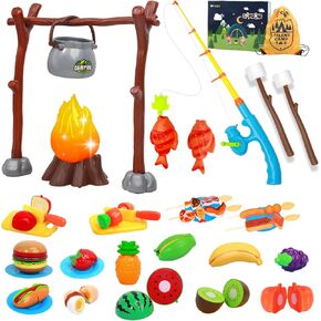 Kids Camping Toys, Mitcien Camping Set Include Pretend Campfire Play Food Fruits & Vegetables Hamburger Magnetic Fishing Toy Toddler Outdoor Adventure Educational Toys for Kids Age 3 4 5 6 + Years Old