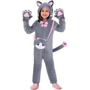 Gifts2U Halloween Cat Costume for Girls, Kids Onesie Costume with Pink Cat Ears, Cat Tail, Paws, Bow Ties and Purse Bag, Gifts for Halloween, Birthday or Any Costume Occasion（5-6Years