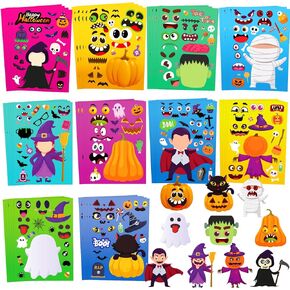 Halloween Stickers for Kids 50 Sheets, Halloween Party Games DIY Make a Face Stickers, Halloween Party Favors Pumpkin Craft Stickers, Cute Halloween Toys Sticker Sheets for Halloween Non-Candy Treats