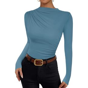 ZESICA Women's Long Sleeve Tops Mock Neck Ruched Tight Shirts 2024 Fall Trendy Outfits in Kuwait