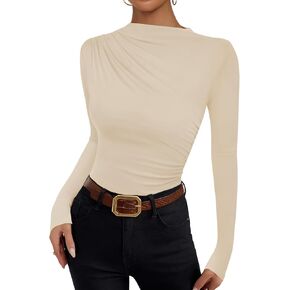 ZESICA Women's Long Sleeve Tops Mock Neck Ruched Tight Shirts 2024 Fall Trendy Outfits