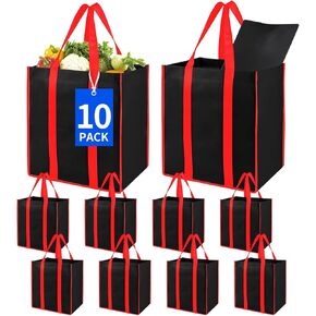 Bodaon 10Pk Collapsible Kitchen Reusable Grocery Bags with Plastic Bottom, the Utility Tote Bag Bulk, Large Folding/Foldable Reusable Shopping Cart for Groceries, Storage Totes Heavy Duty (Black)