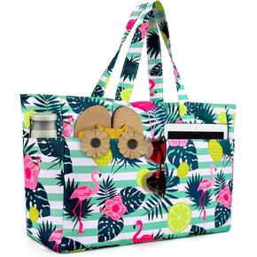 Extra Large Beach Bag, Waterproof Beach Bags with Zipper, Lightweight Foldable Beach Tote Bags, Multi-Pocket Large Weekender Bags for Women, Perfect for Pool Shopping Travel Vacation Gym