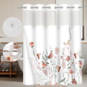 Shower Curtain No Hooks with Snap in Liner, Luxury Double Layers Floral Shower Curtain Set with See Through Mesh Top Window for Hotel Bathroom Decorative Waterproof Washable 71 x 74 Inch