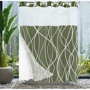 Tititex No Hooks Snap in Liner Abstract Curve Lines Grey White Shower Curtain, Hotel Luxury Double Layers No Hooks Waterproof Fabric & See-Through Top Window Bathroom Decorative 71x71 Inch