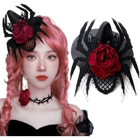 Spider Rose Top Hat Hair Clip Halloween Lolita Gothic Red Rose Wizard Cap Hairpin for Women Headdress Tea Party Cosplay Party Carnival Festival Headwear