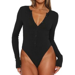 REVETRO Women's Henley Shirt Sexy V Neck Button Down Long Sleeve Bodysuits Ribbed Fitted Thong T Shirts One Piece Jumpsuit
