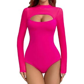 Aranmei Women’s Sexy Mock Turtle Neck Long Sleeve Shirts Sheer Mesh Cutout Trendy Going Out Bodysuits Tops