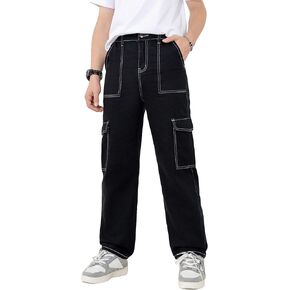 WDIRARA Boy's Flap Pockets Cargo Jeans High Waisted Casual Street Straight Leg Pants