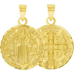 Solid 14k Yellow Gold Round Shaped St. Benedict Medallion Charm Pendant (Reversible)