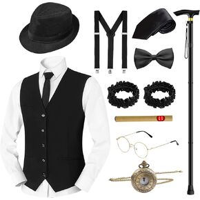 11PCS 1920s Mens Costume Gangster Costume Men Set with Foldable Crutches Hat Suspenders Pocket Watch Eyeglasses Tie