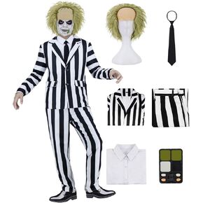 Adult Scary Halloween Costumes Black and White Striped Suit Horror Comedy Cosplay Outfit Set with Wig Makeup Kit