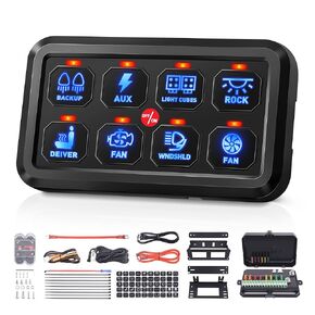 8 Gang Switch Panel, Blue LED Touch Control Panel Box Car Touch Switch Box, Universal Momentary Switch with Fuse Block Label Stickers for Truck ATV UTV Marine Caravan
