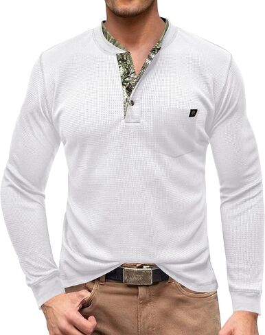 Men's Long Sleeve Waffle Henley Shirt Vintage Button T-Shirt with Pocket S-3XL in Kuwait