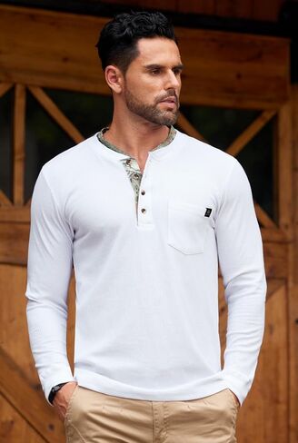 Men's Long Sleeve Waffle Henley Shirt Vintage Button T-Shirt with Pocket S-3XL in Kuwait