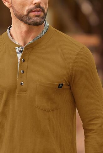 تي شيرت رجالي بأكمام طويلة بأزرار وافل هينلي مع جيب S-3XL in Kuwait