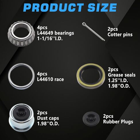 2Sets L44649 L44610 Trailer Hub Bearings Kit for 1-1/16'' Straight Axle, Trailer Spindle Bearing Kits with 12192TB Grease Seals, 1.98'' Dust Caps & Cotter Pin for 2000-2200 lbs Spindles in Kuwait