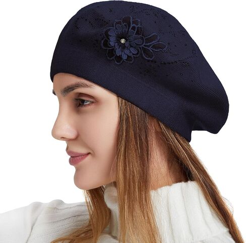 Flower Embroidery Beret Hat for Women, French Style Knitted Beret Hats, Stylish Solid Color Beret Cap for Women Girls Lady in Saudi Arabia