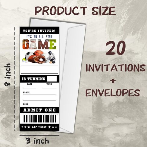 Sports Birthday Cards-20 Basketball Baseball Football Tennis Ticket Invite Cards-It's An All Star Birthday Invitation with Envelopes for Teens kids Adults-Party Favor & Supplies (3×8 inch)-A15 in Saudi Arabia