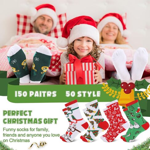 Liitrsh 150 Pairs Christmas Socks Bulk Gifts For Women Adults Unisex, Holiday Funny Colorful Warm Soft Socks Xmas Winter Small Gift for Employee Coworkers Family, 50 Christmas Patterns in Kuwait