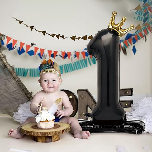 Standing Black Number 1 Balloon with Crown For Kids 1st Birthday Party Decoration, 40 Inch Number 1 Balloon in Kuwait