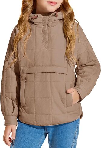 Haloumoning Girls Winter Quilted Hoodies Kids Pullover Hooded Sweatshirts with Pockets 5-14 Years in Saudi Arabia