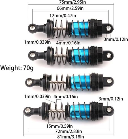66mm Shocks Oil Shock Absorber RC Shock Absorber Damper Set for 1/12 1/14 1/16 Scale RC Cars WLtoys 144001, 124019, 124018, MJX, SCY and HBX - 4Pcs 66mm Shocks (Black Red) in Kuwait