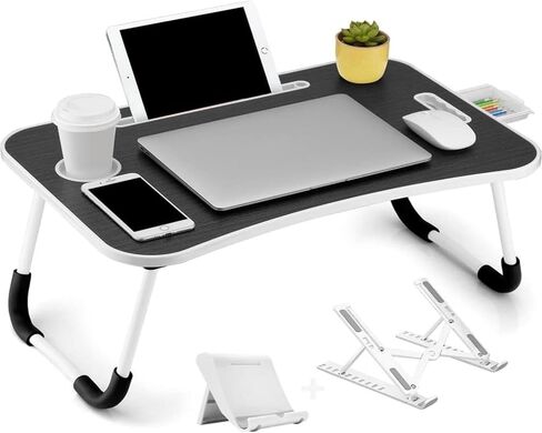 Foldable Lap Desk for Laptop, 23.62Inch Laptop Lap Desk with Computer & Phone Stands, Ergonomic Laptop Stand, Portable Laptop Tray for Working, Studying, Writing, Black Sponge Leg with Drawer in Saudi Arabia
